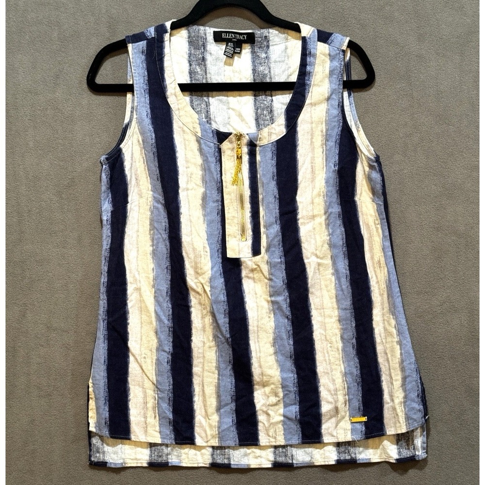 Ellen Tracy Linen Blend Striped Sleeveless Top Navy Blue Gold Zip Medium